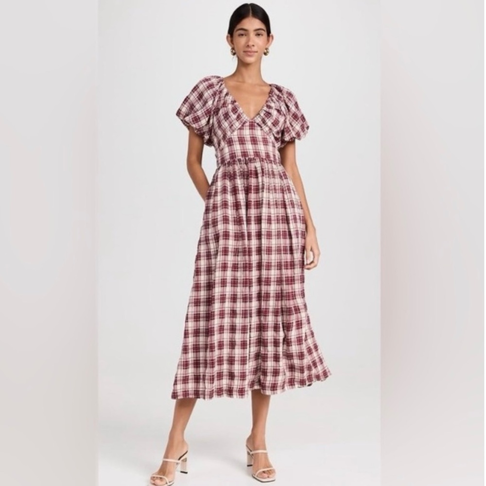 En Saison Burgundy and White Plaid Midi Dress